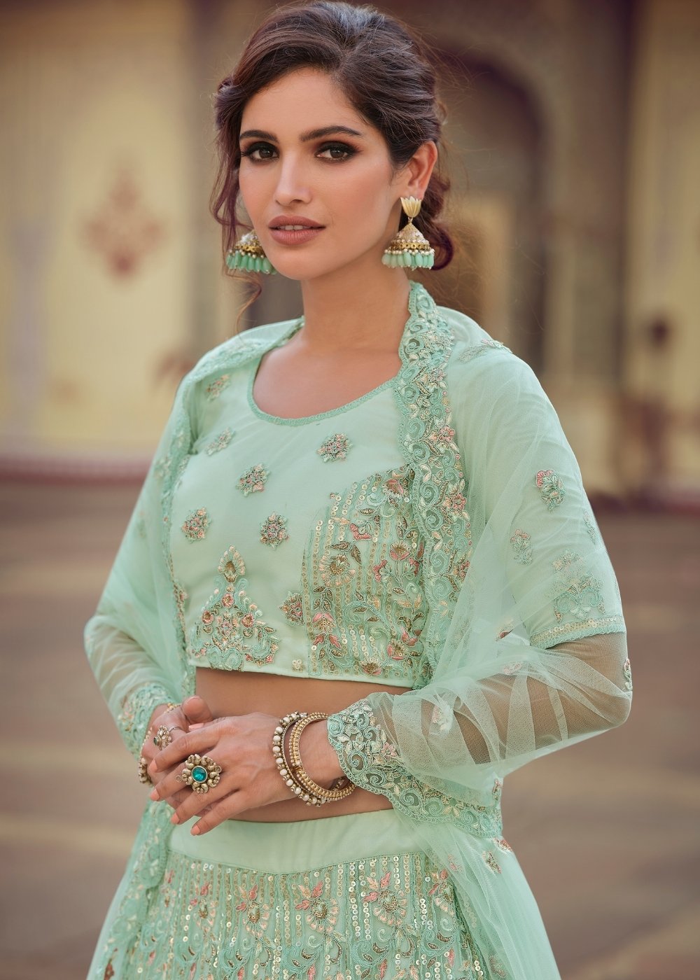 Norway Green Soft Net Designer Lehenga Choli