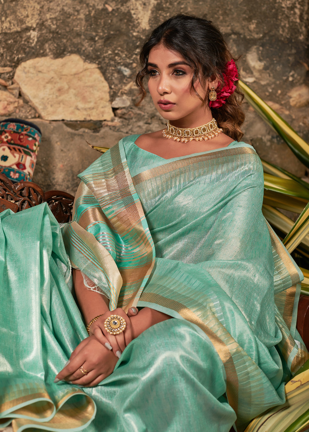 Acapulco Green Woven Tussar Silk Saree