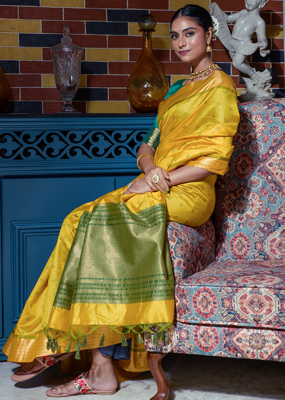 Anzac Yellow Woven Raw Silk Saree