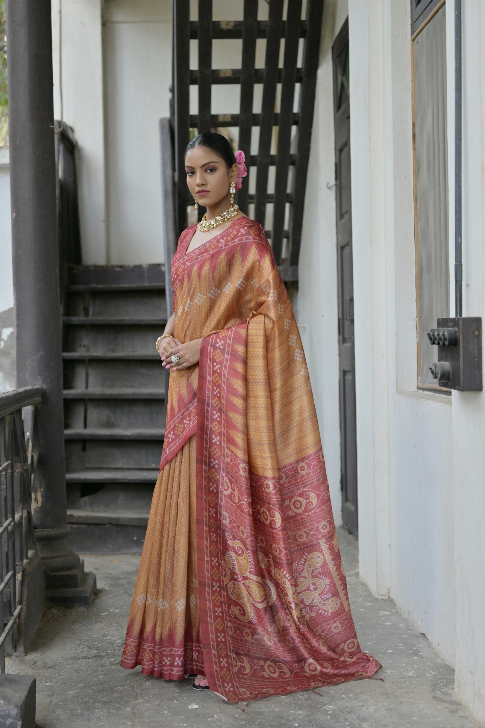 Twine Yellow Printed Tussar Silk Saree