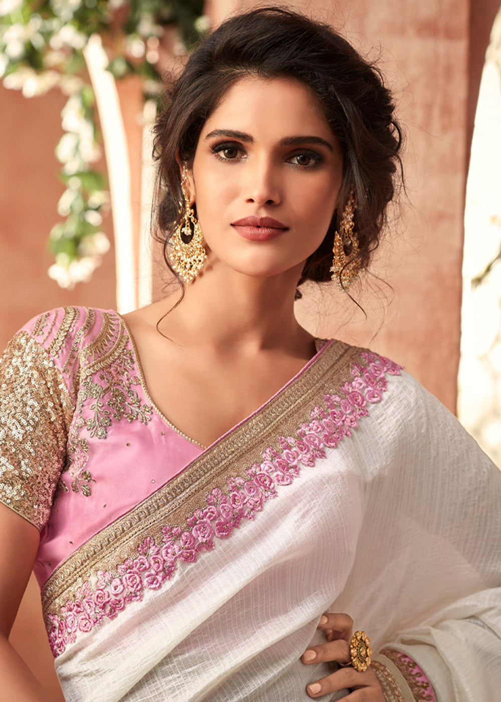 Paris White Embroidered Georgette Designer Saree