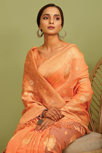 Sandy Brown Orange Zari Woven Linen Saree