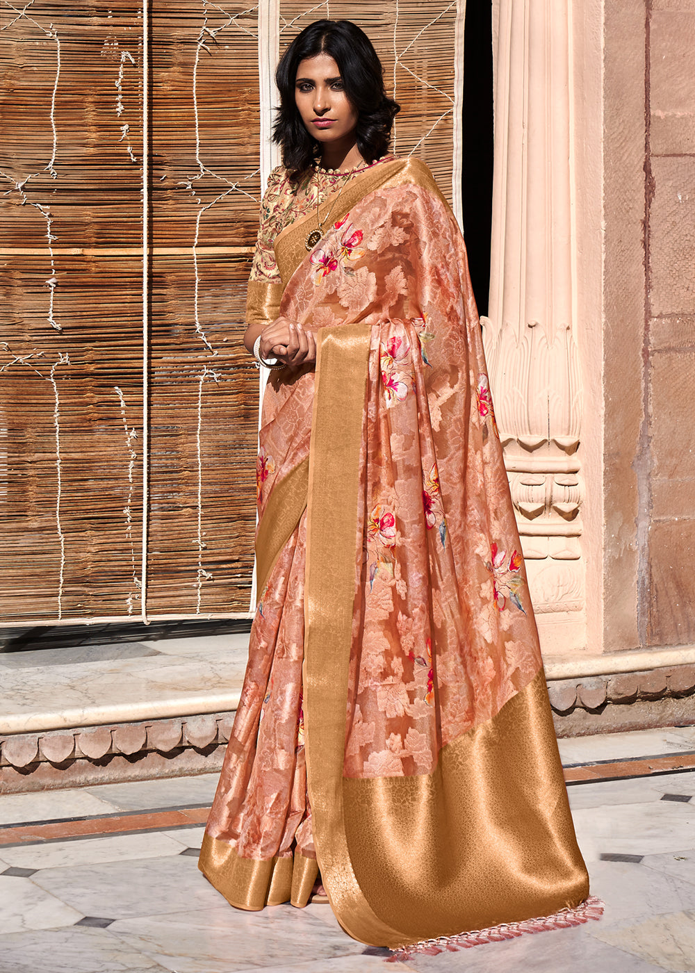 Flower Peach Digital Printed Banarasi Cotton Saree