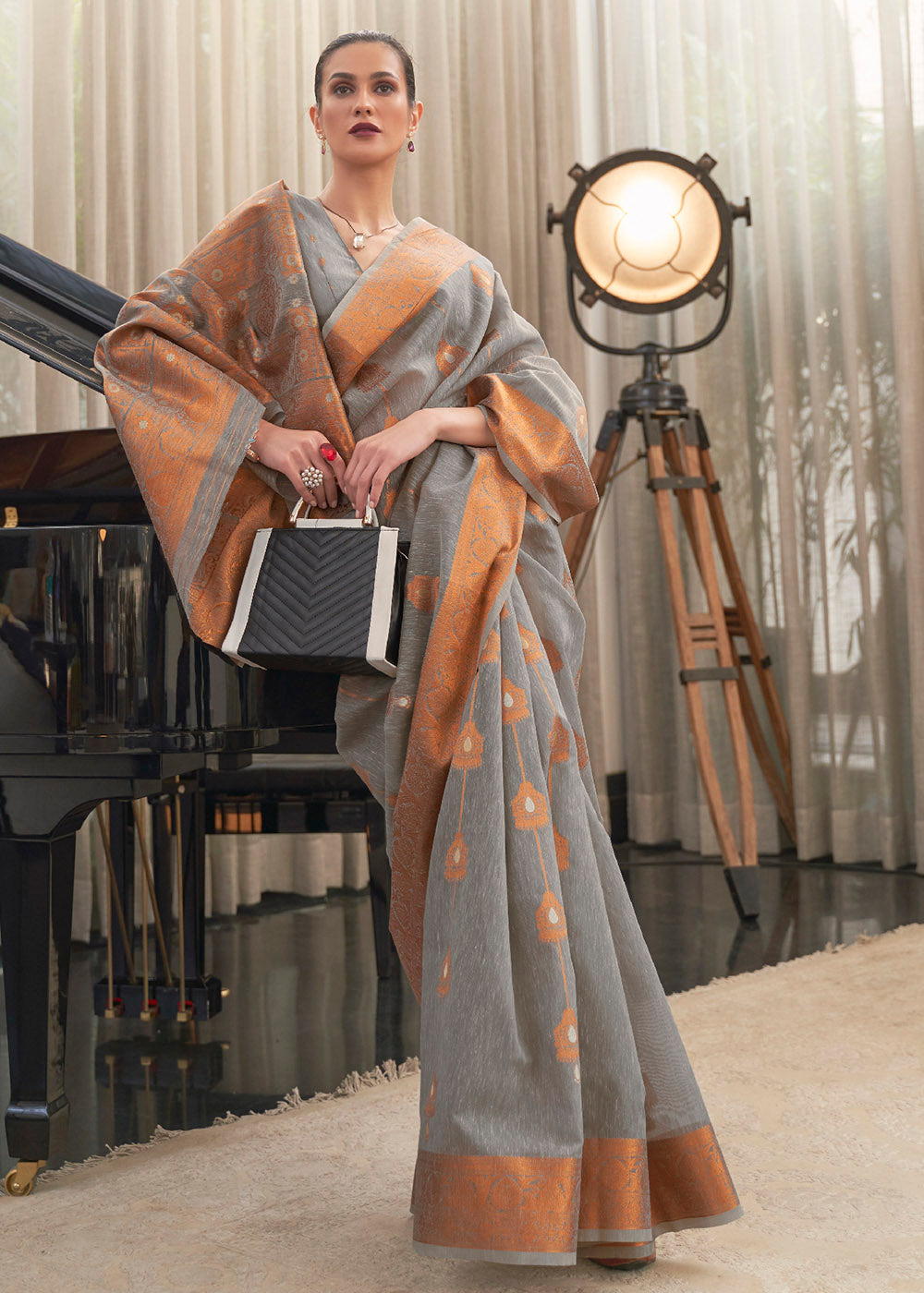 Sand Dune Grey Zari Woven Linen Saree