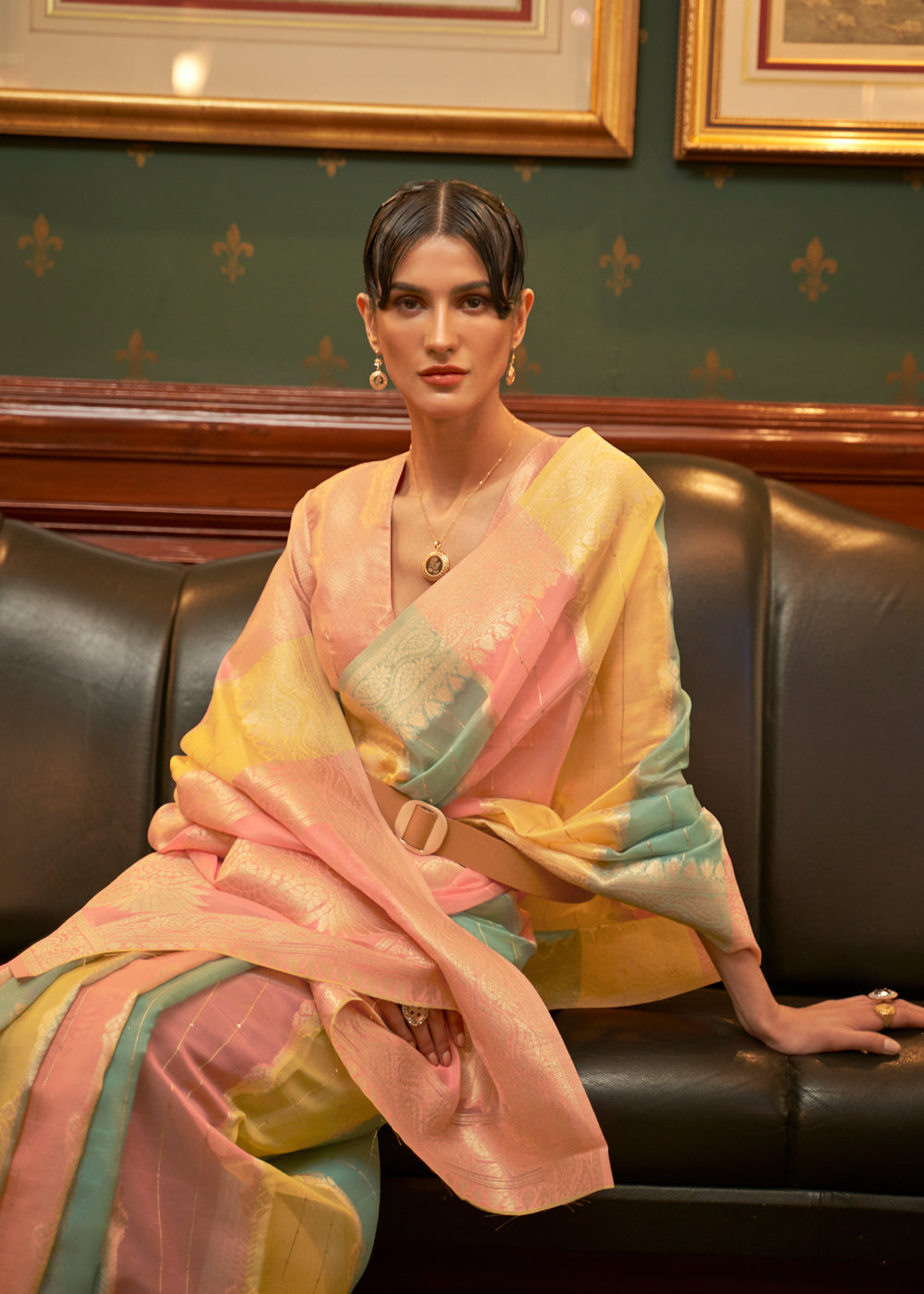 Saffron Mango Yellow and Peach Zari Woven Banarasi Organza Saree