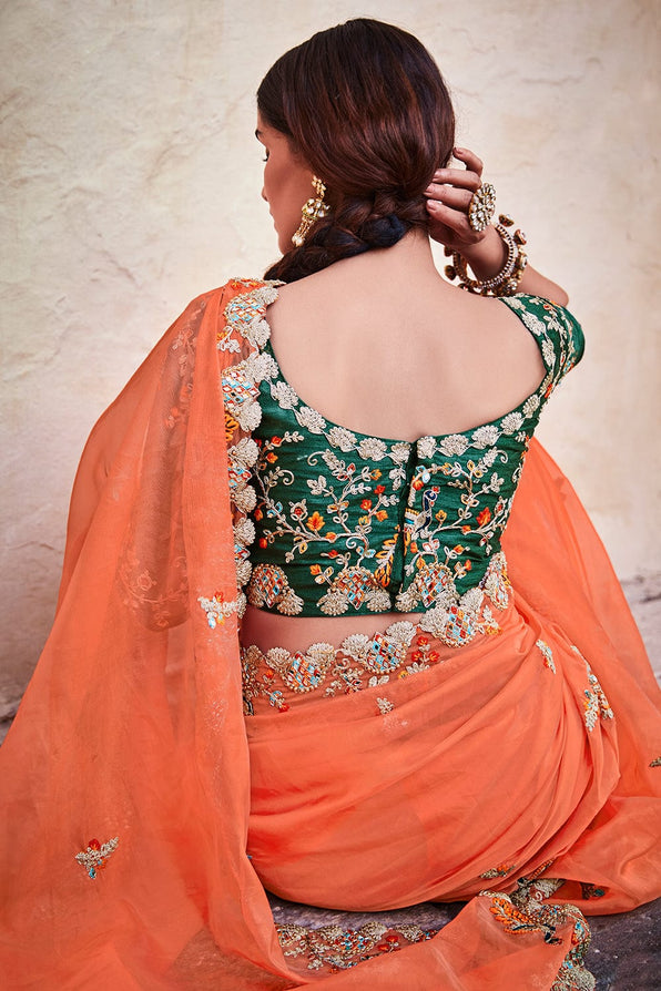 Flamingo Orange and Green Organza Saree