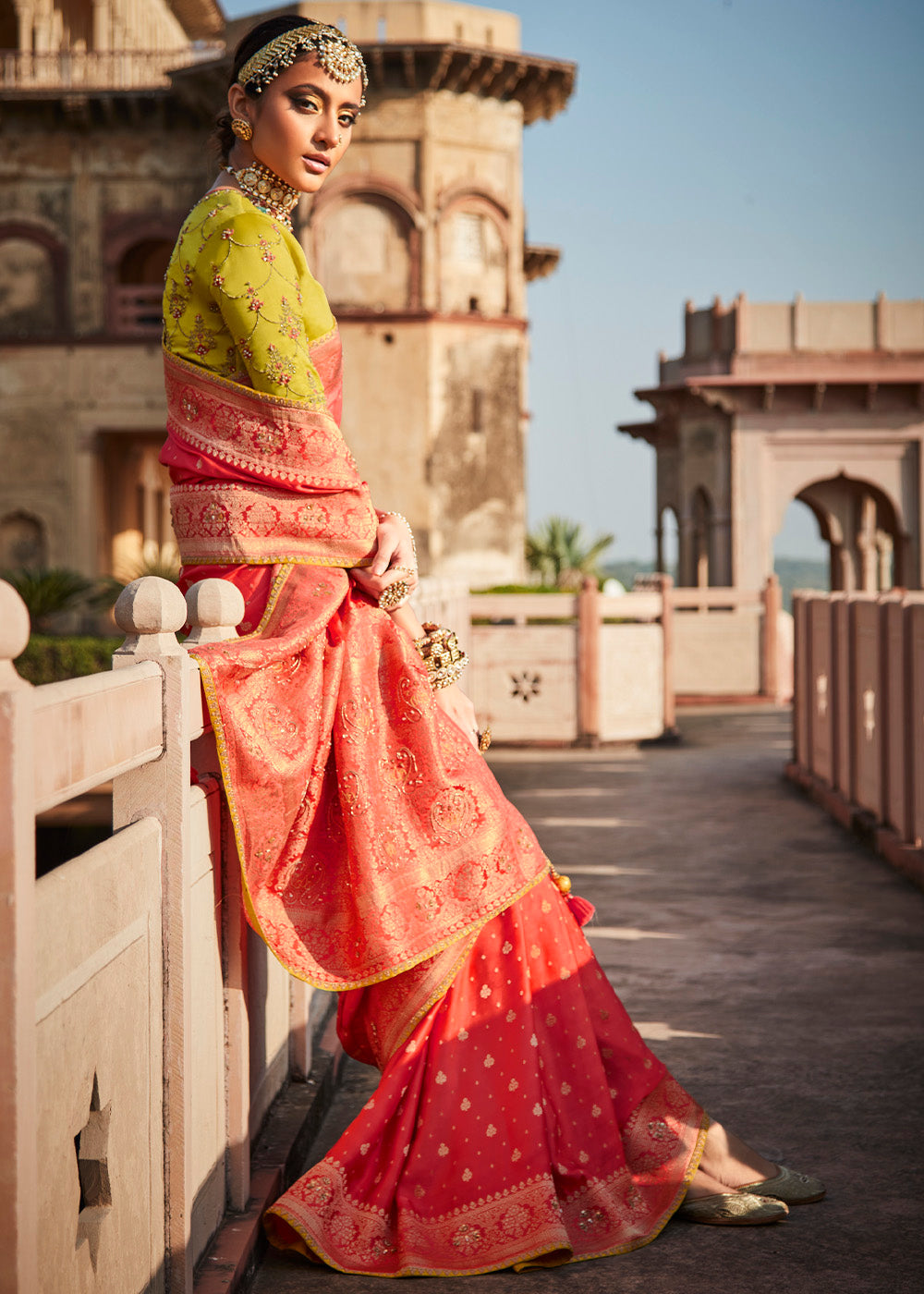 Punch Red and Yellow Zari Woven Banarasi Silk Saree with Embroidered Blouse