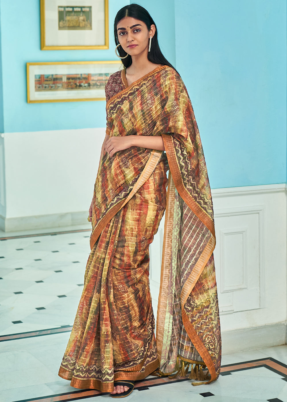 Antique Brown Printed Linen Saree