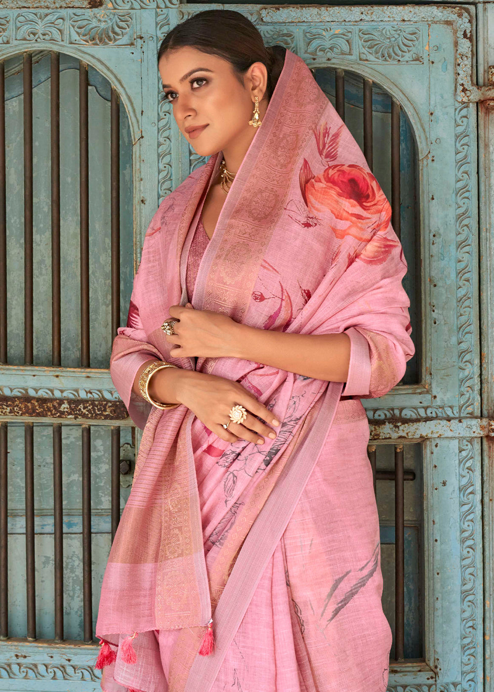 Pastel Pink Floral Printed Linen Silk Saree