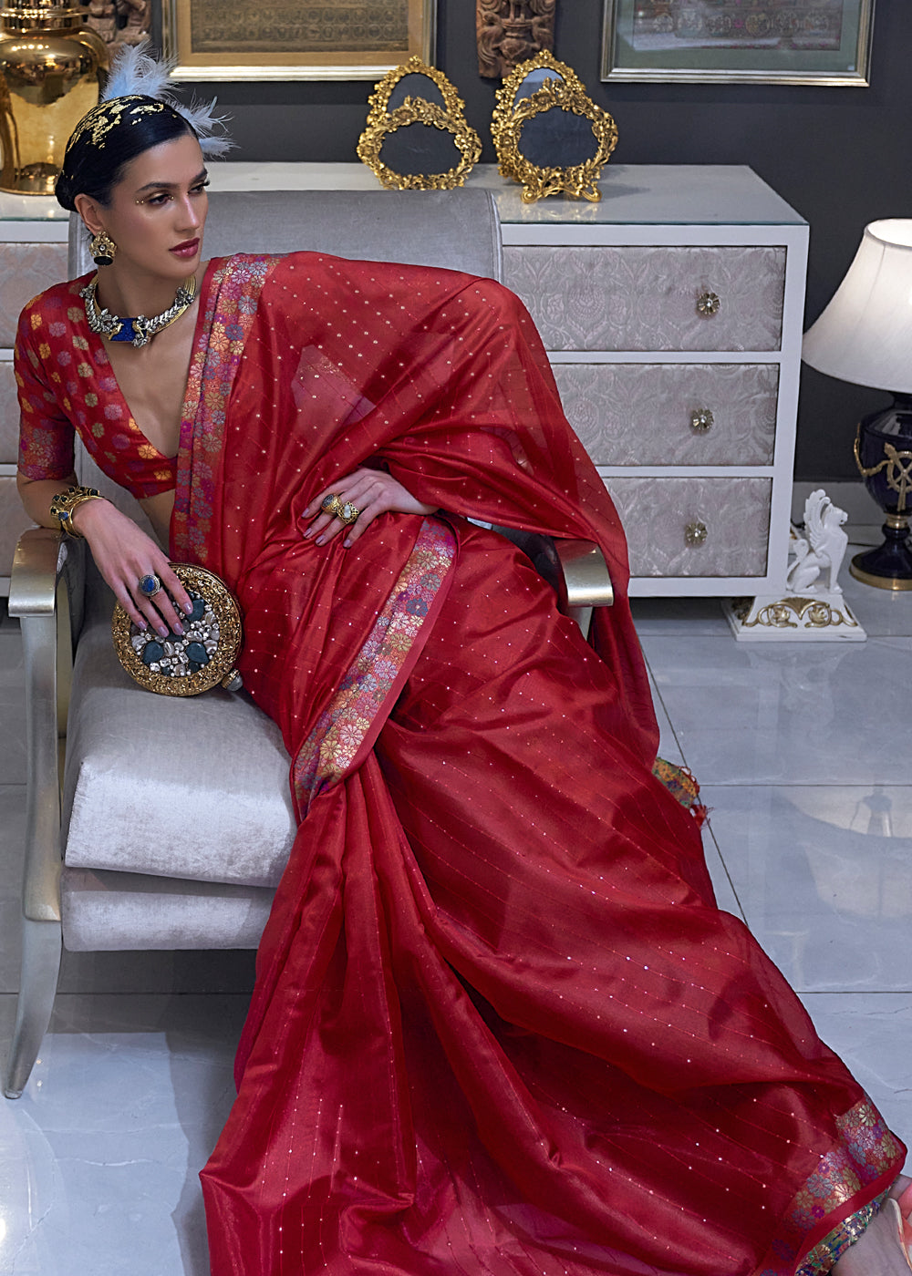 Rosewood Red Woven Dual Tone Organza Banarasi Silk Saree