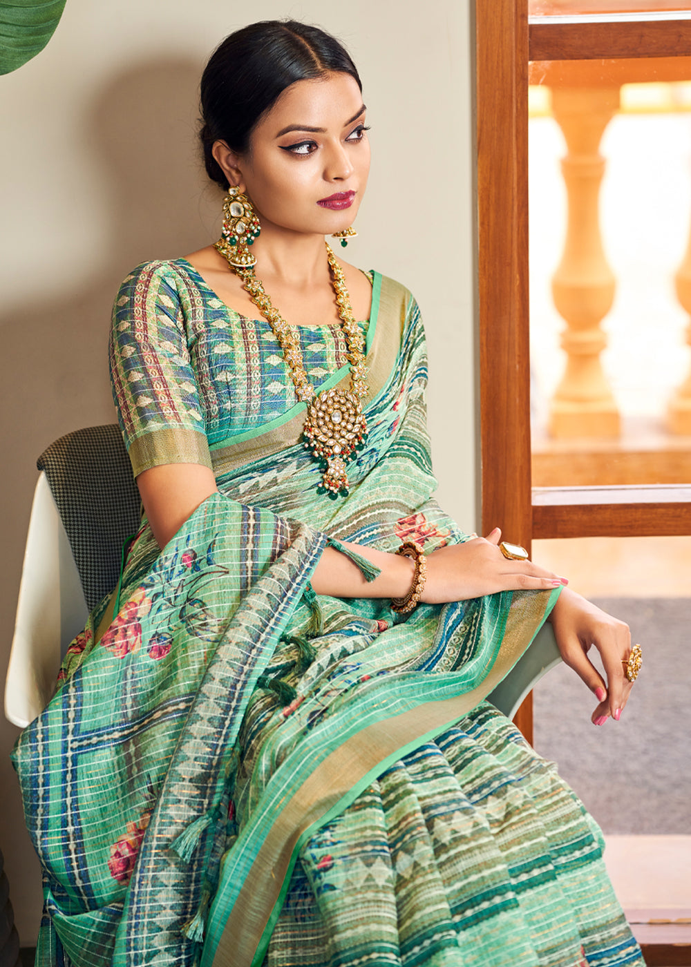 Silver Tree Green Linen Saree with Digital Print