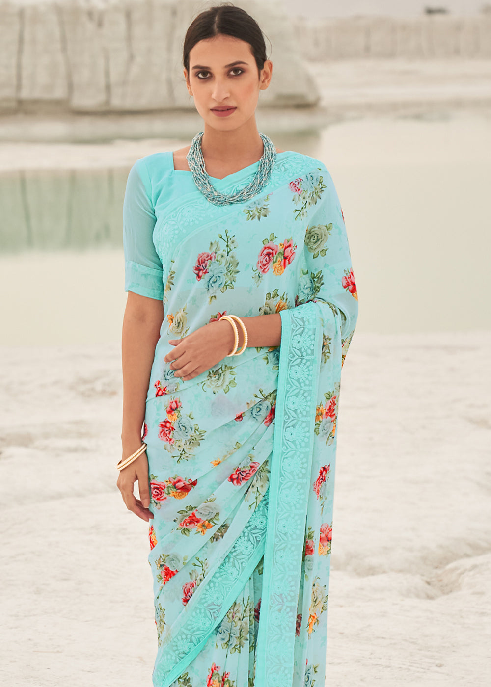 Aqua Island Blue Digital Printed Chiffon Saree