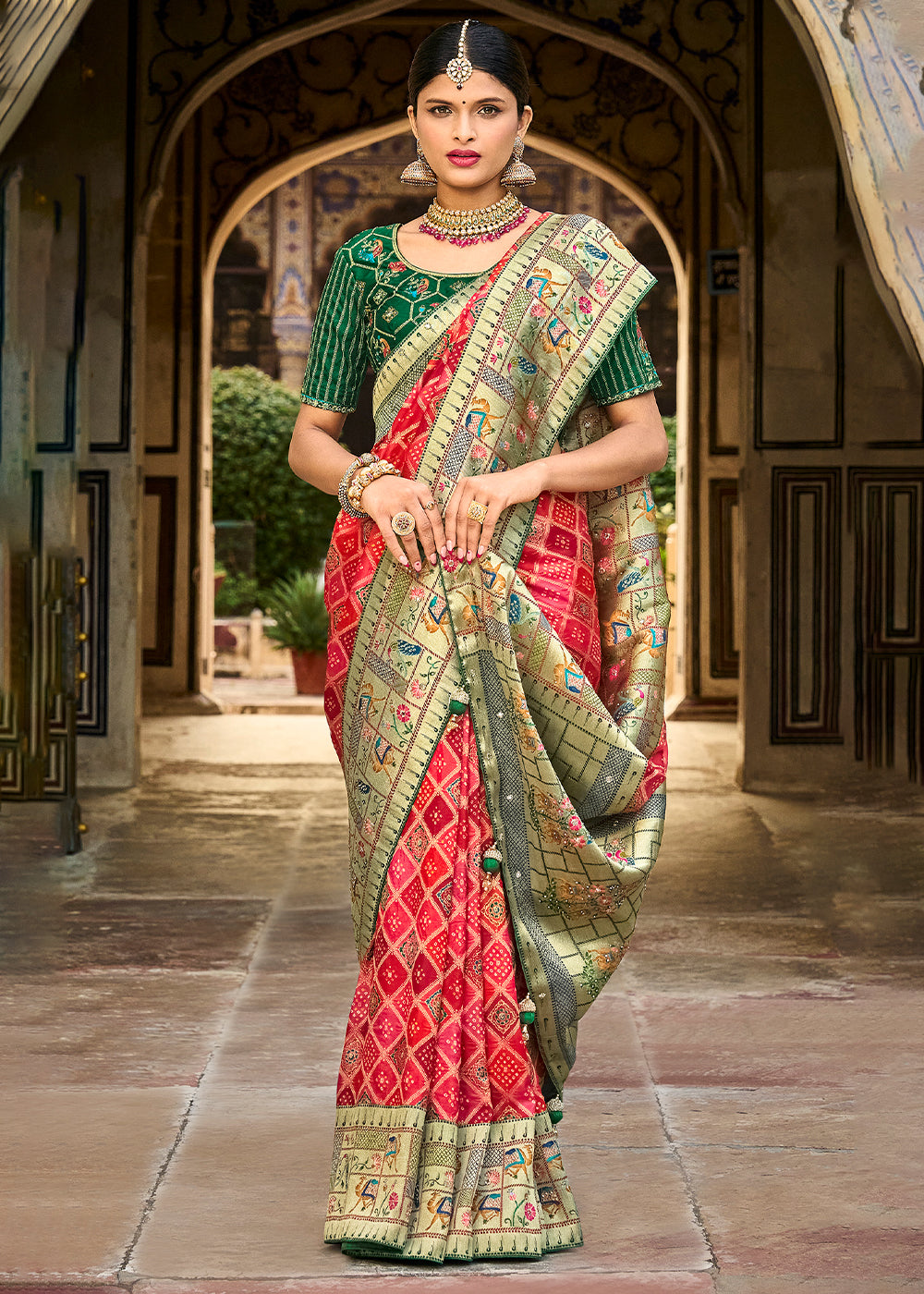 Mandy Red and Green Patola Printed Dola Silk Saree With Embroidered Blouse