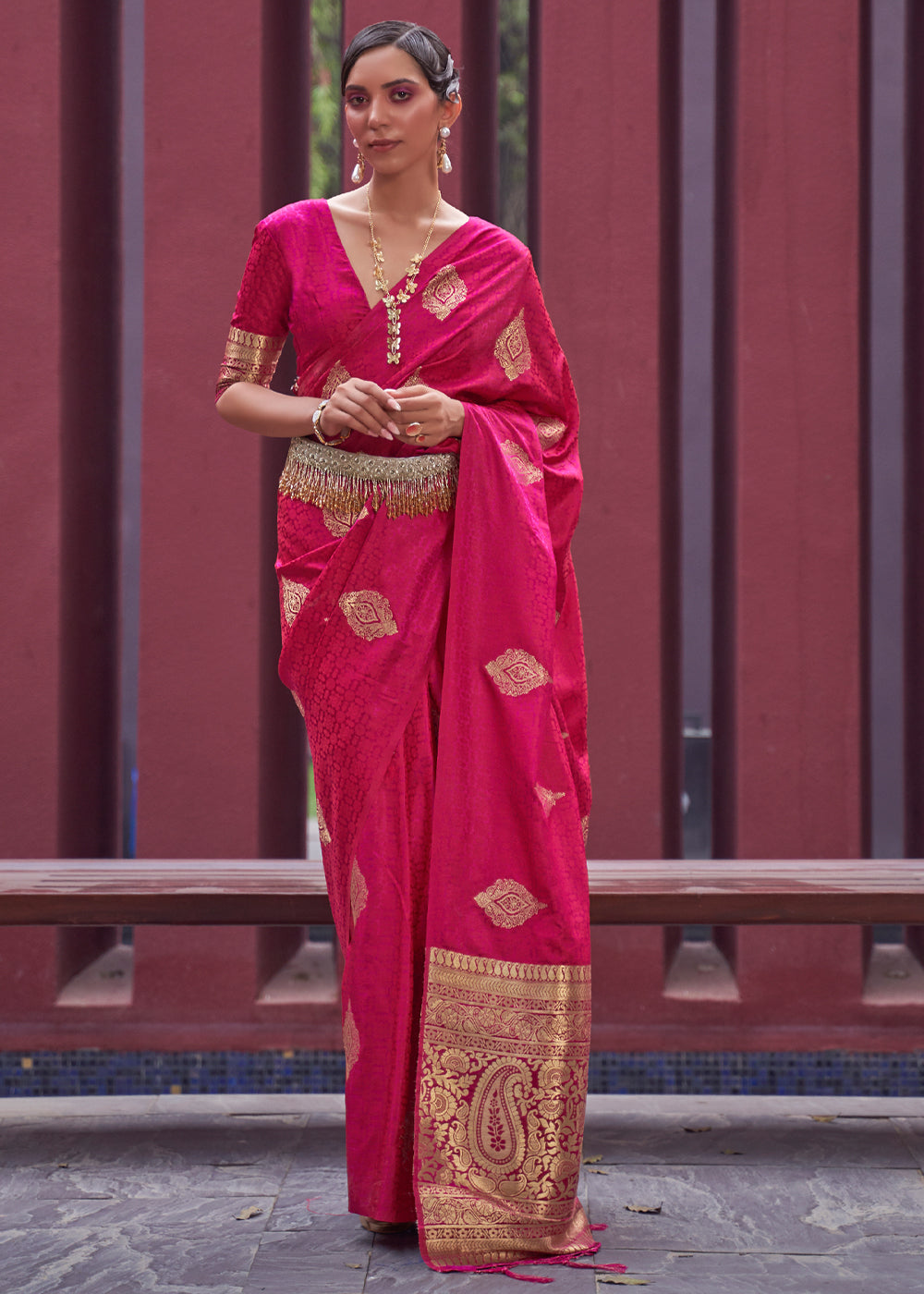 Maroon Flush Pink Banarasi Woven Satin Silk Saree