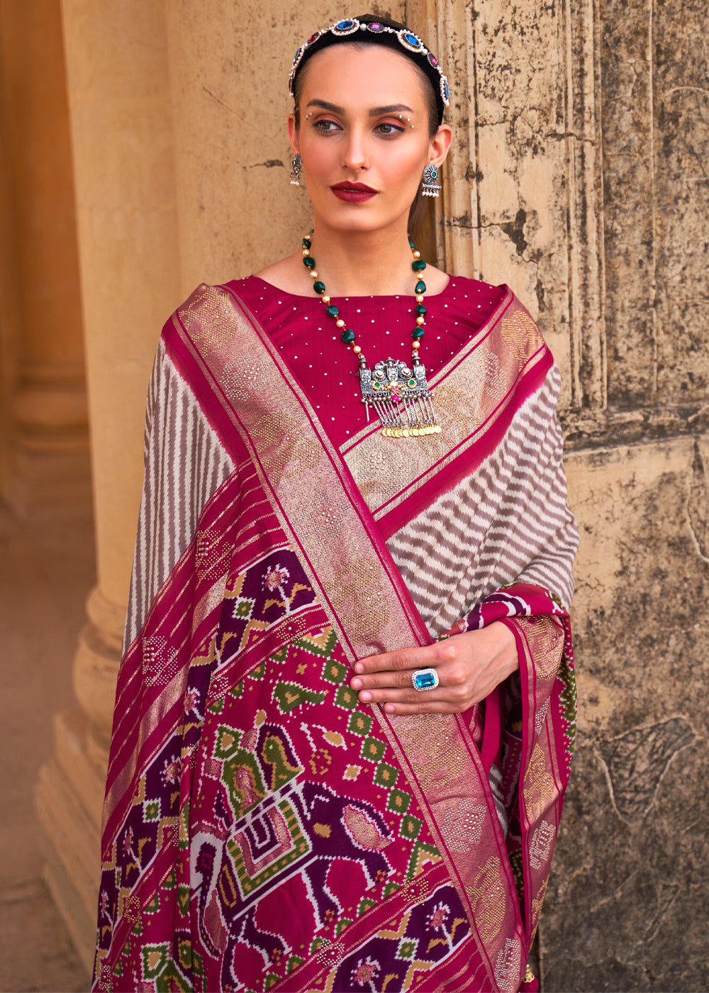 Night White and Dark Pink Zari Woven Patola Saree