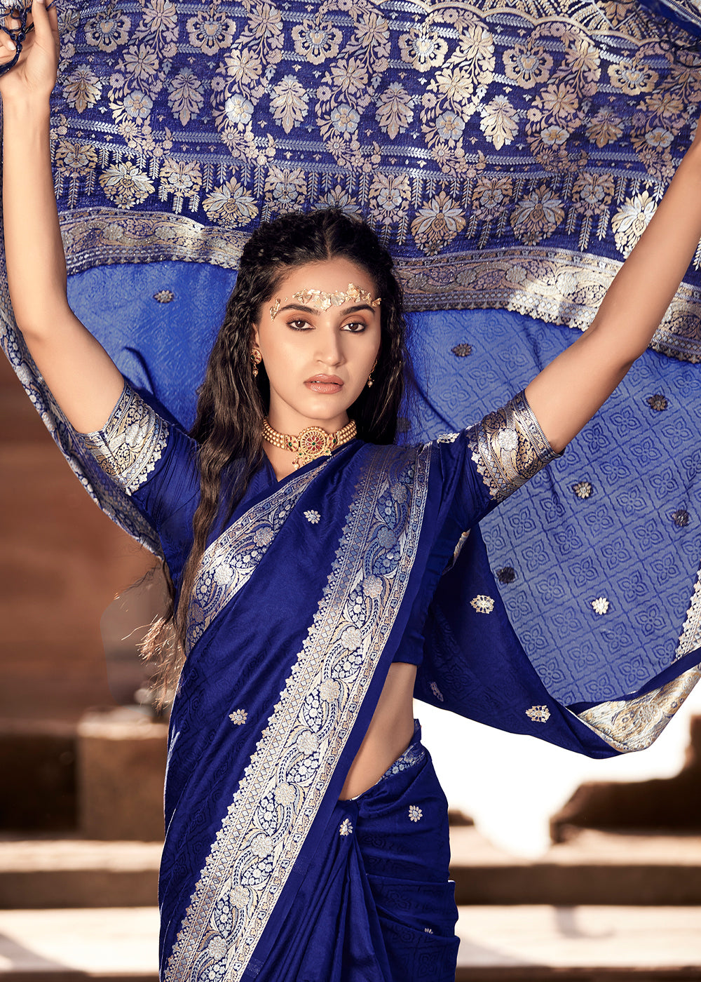 Astronaut Blue Woven Banarasi Satin Silk Saree