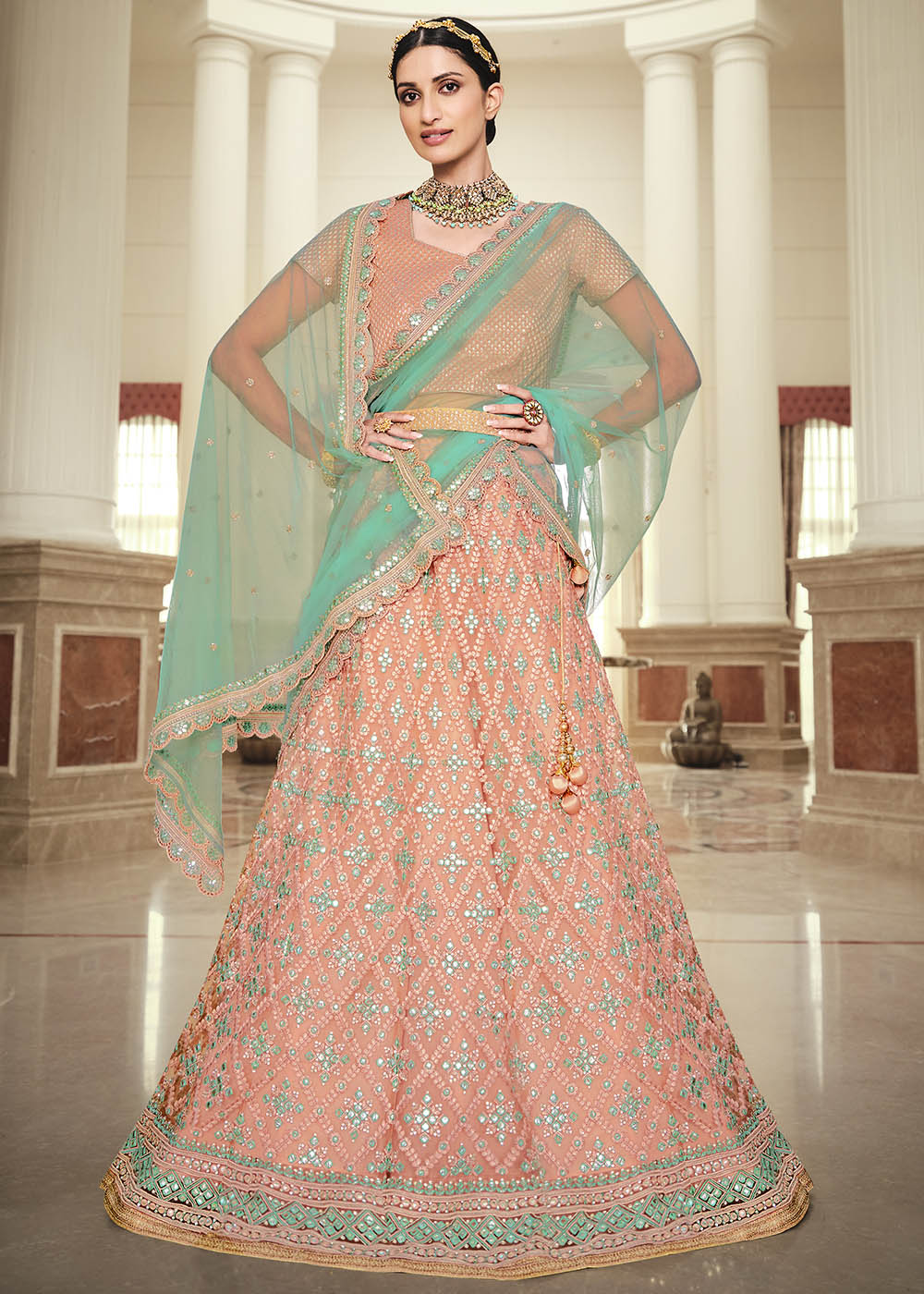 Rose Bud Pink and Sky Blue Net Designer Lehenga With Heavy Embroidered Work