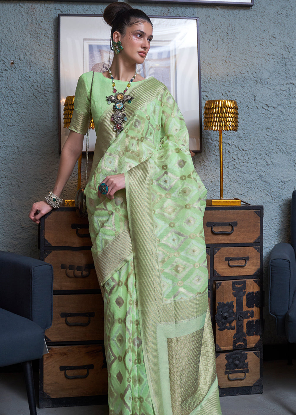 Sprout Green Woven Banarasi Linen Silk Saree