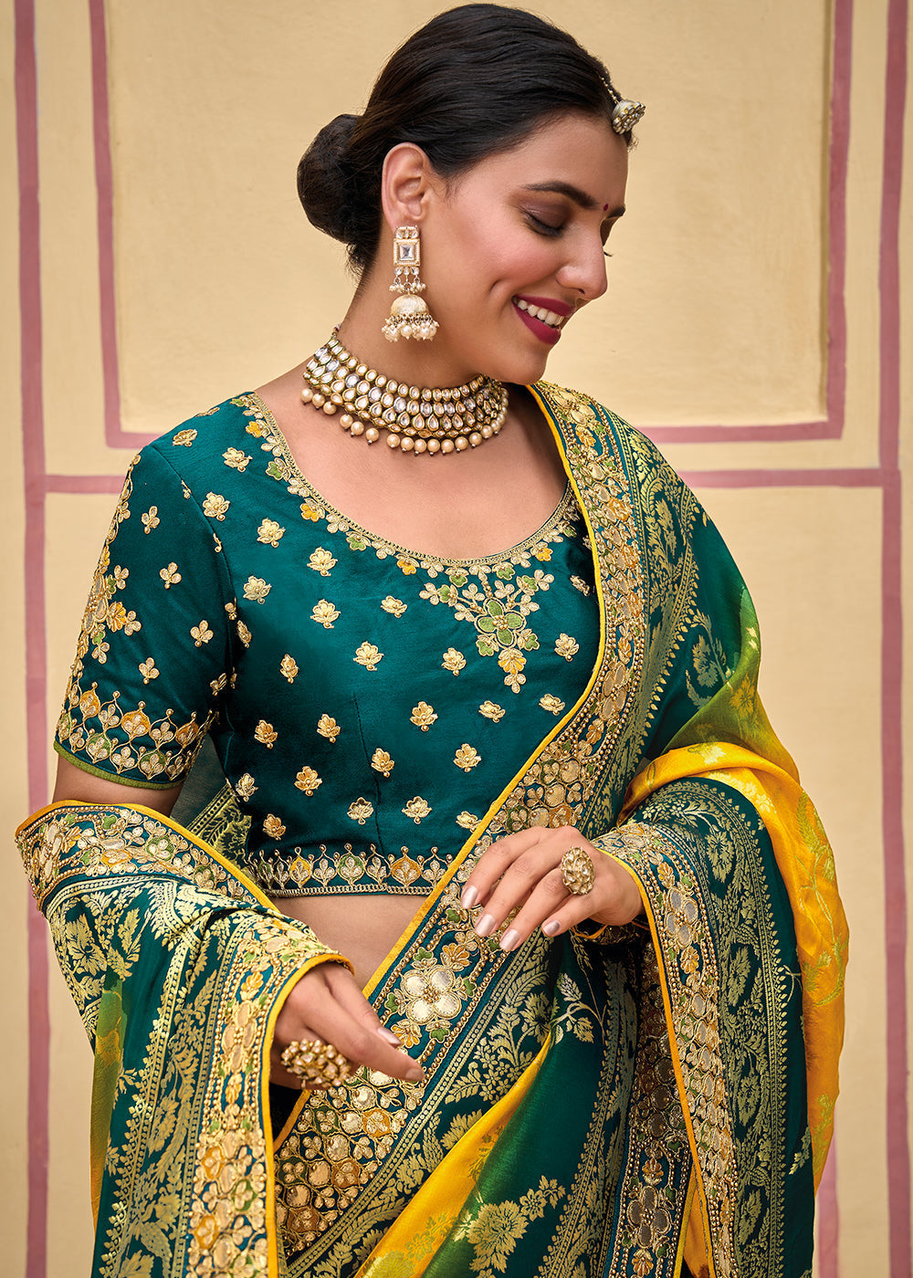 Sun Yellow and Green Embroidered Dola Silk Saree