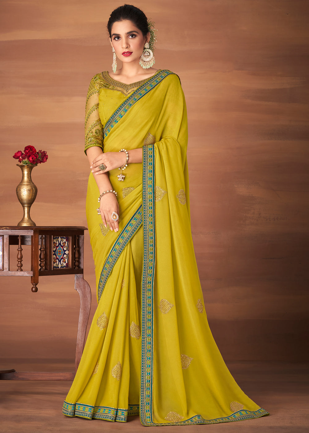 Grass Yellow Designer Saree with Embroidered Blouse