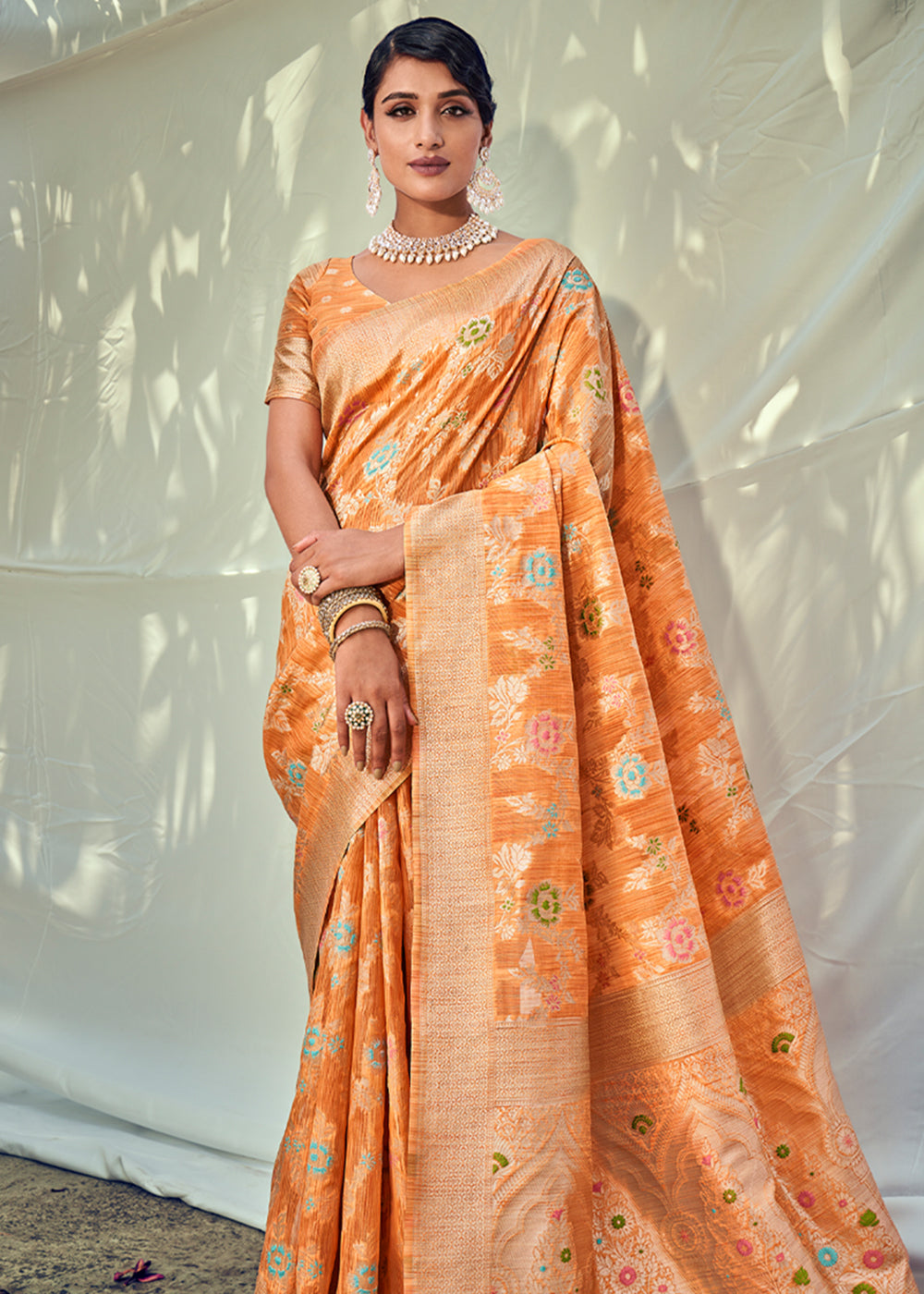 Porsche Orange Zari Woven Banarasi Linen Saree