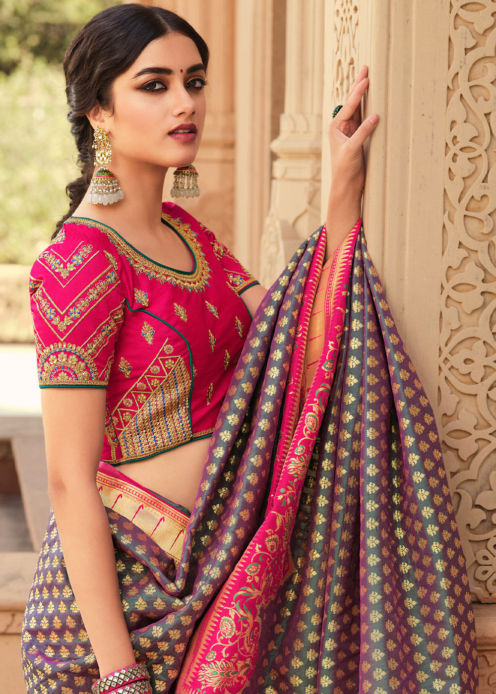 Spicy Purple and Pink Zari Woven Banarasi Saree with Designer Blouse