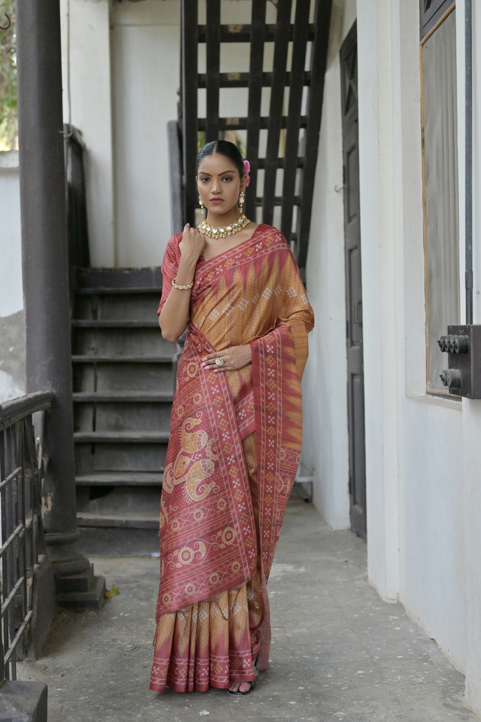 Twine Yellow Printed Tussar Silk Saree