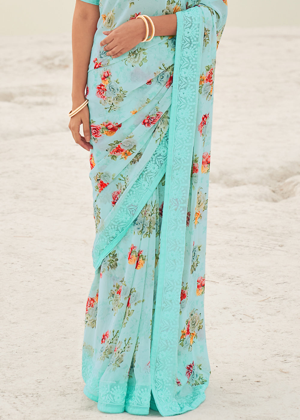 Aqua Island Blue Digital Printed Chiffon Saree