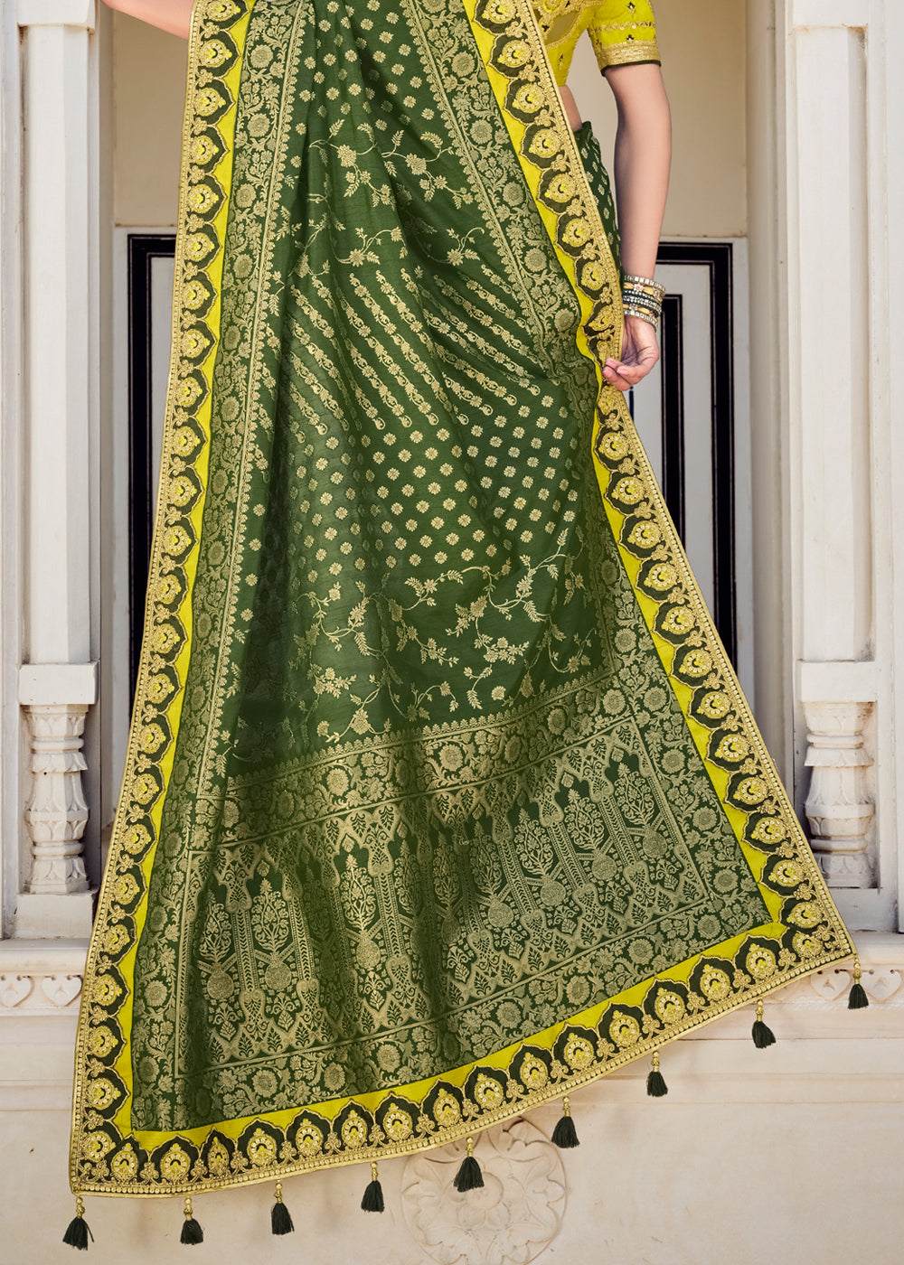 Asparagus Green Zari Woven Designer Banarasi Saree