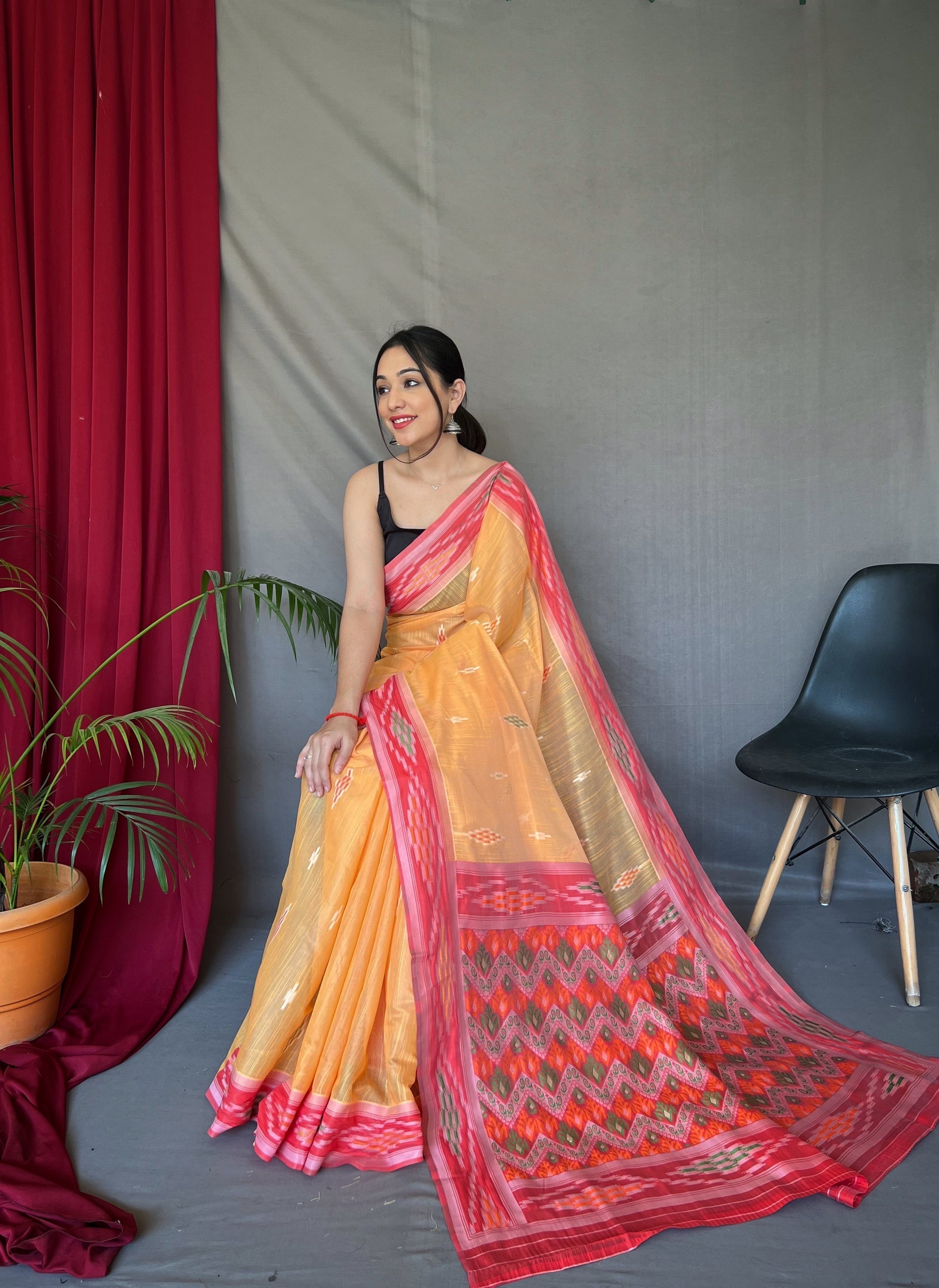 Rajah Orange Ikat Woven Cotton Silk Saree