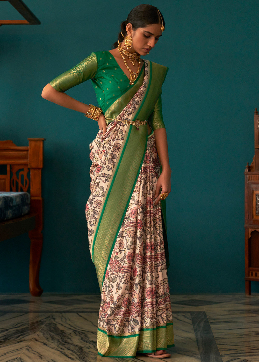 Hippie Green and White Woven Banarasi Tussar Silk Kalamkari Saree