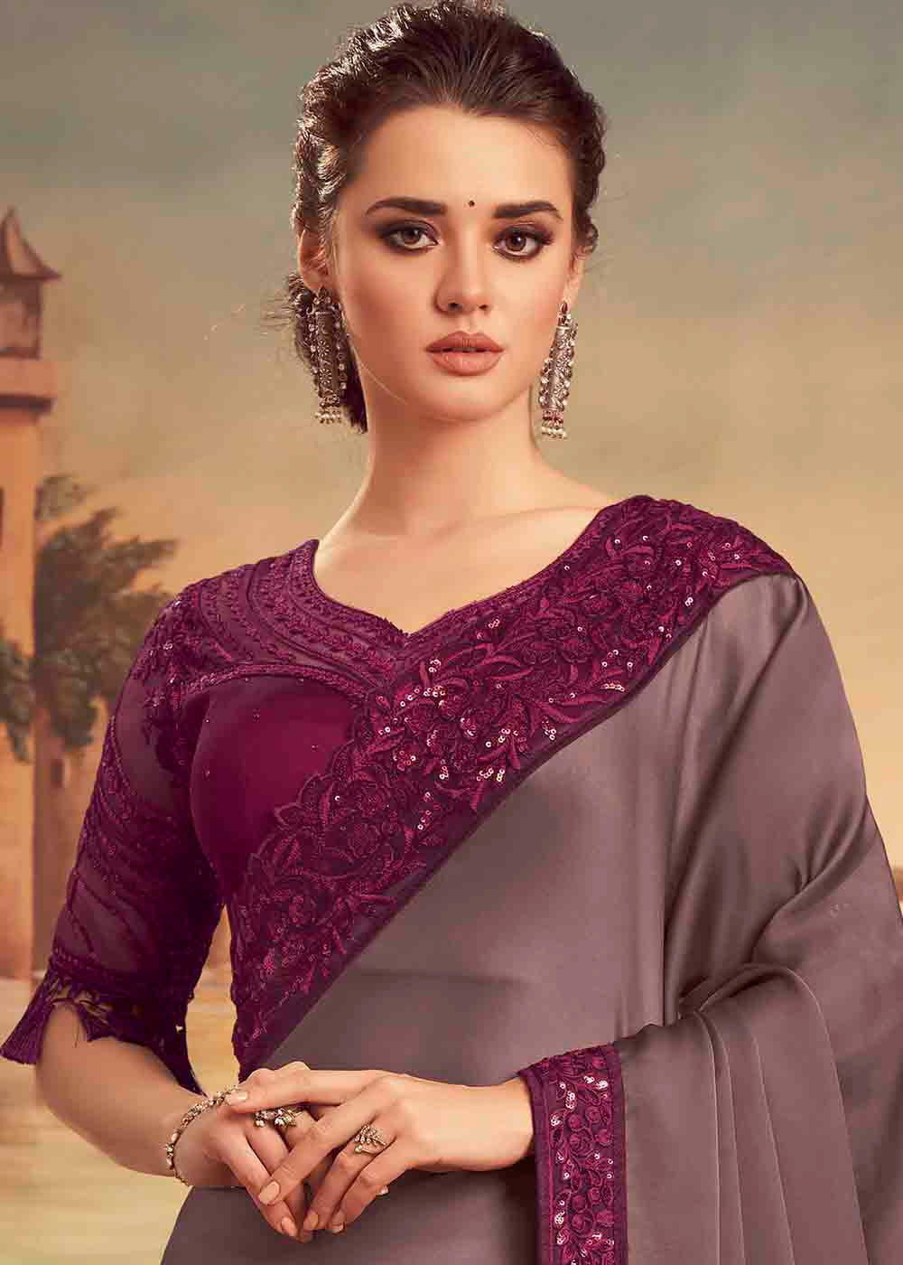 Ferra Grey Purple Embroidered Satin Silk Designer Saree