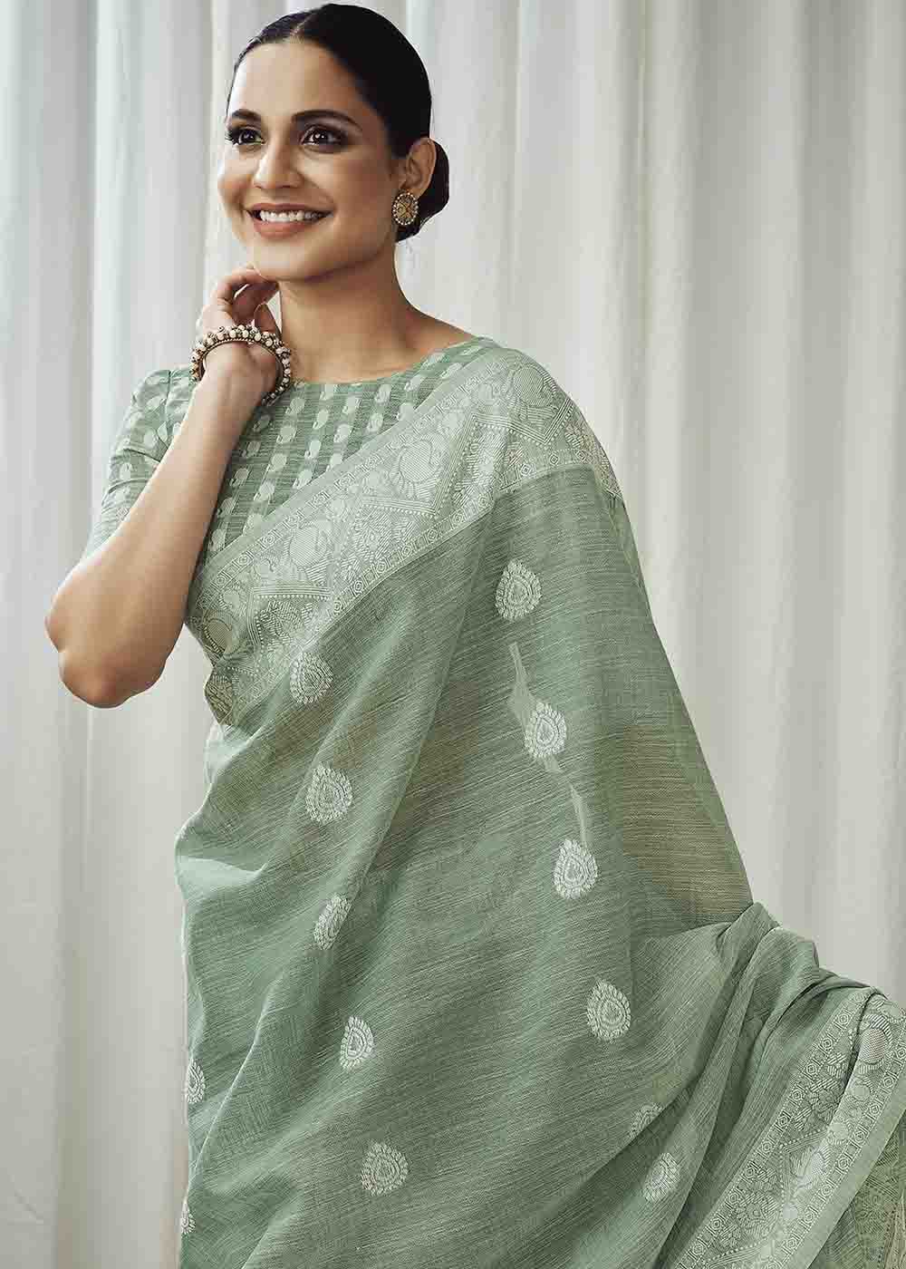 Spanish Green Chikankari Linen Saree