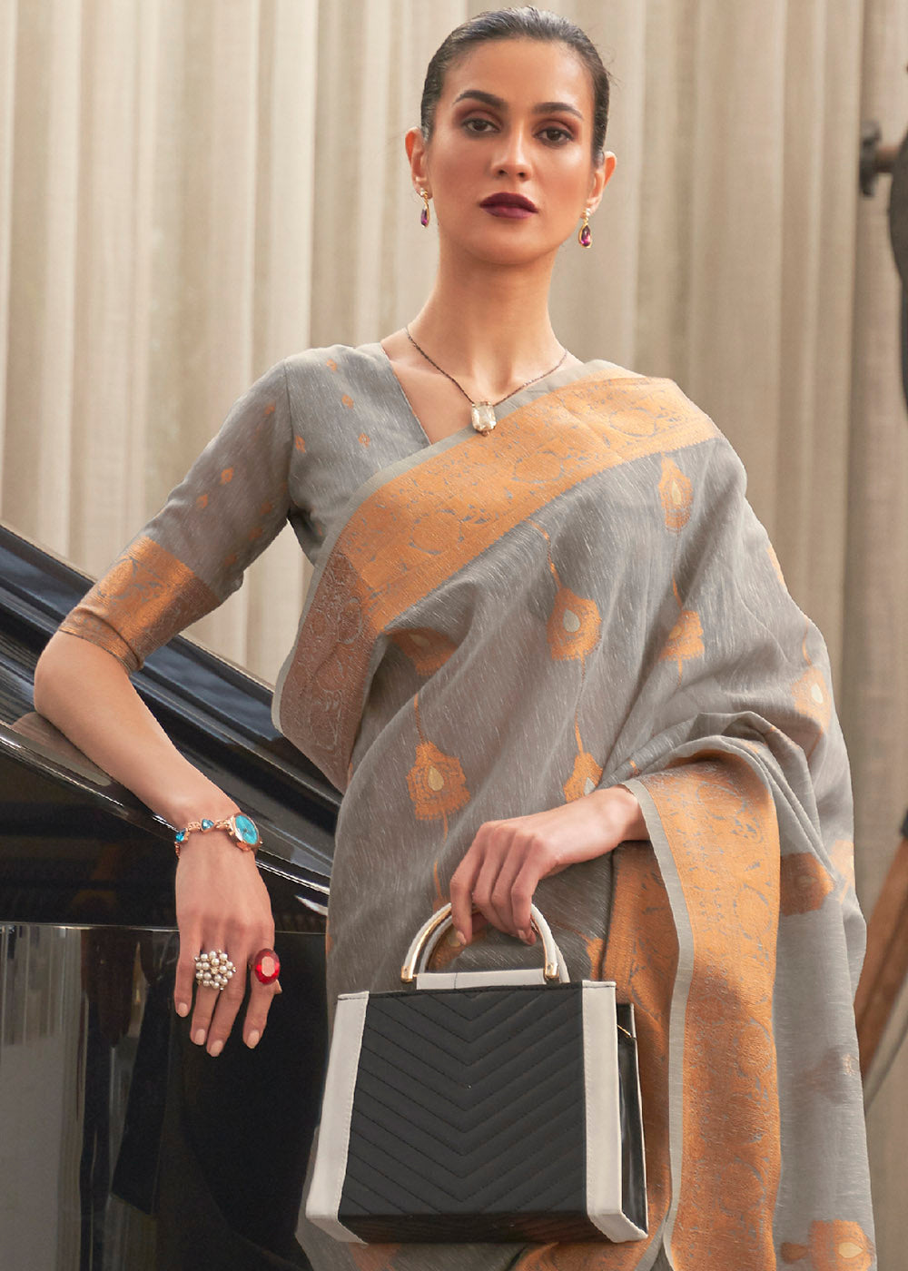 Sand Dune Grey Zari Woven Linen Saree