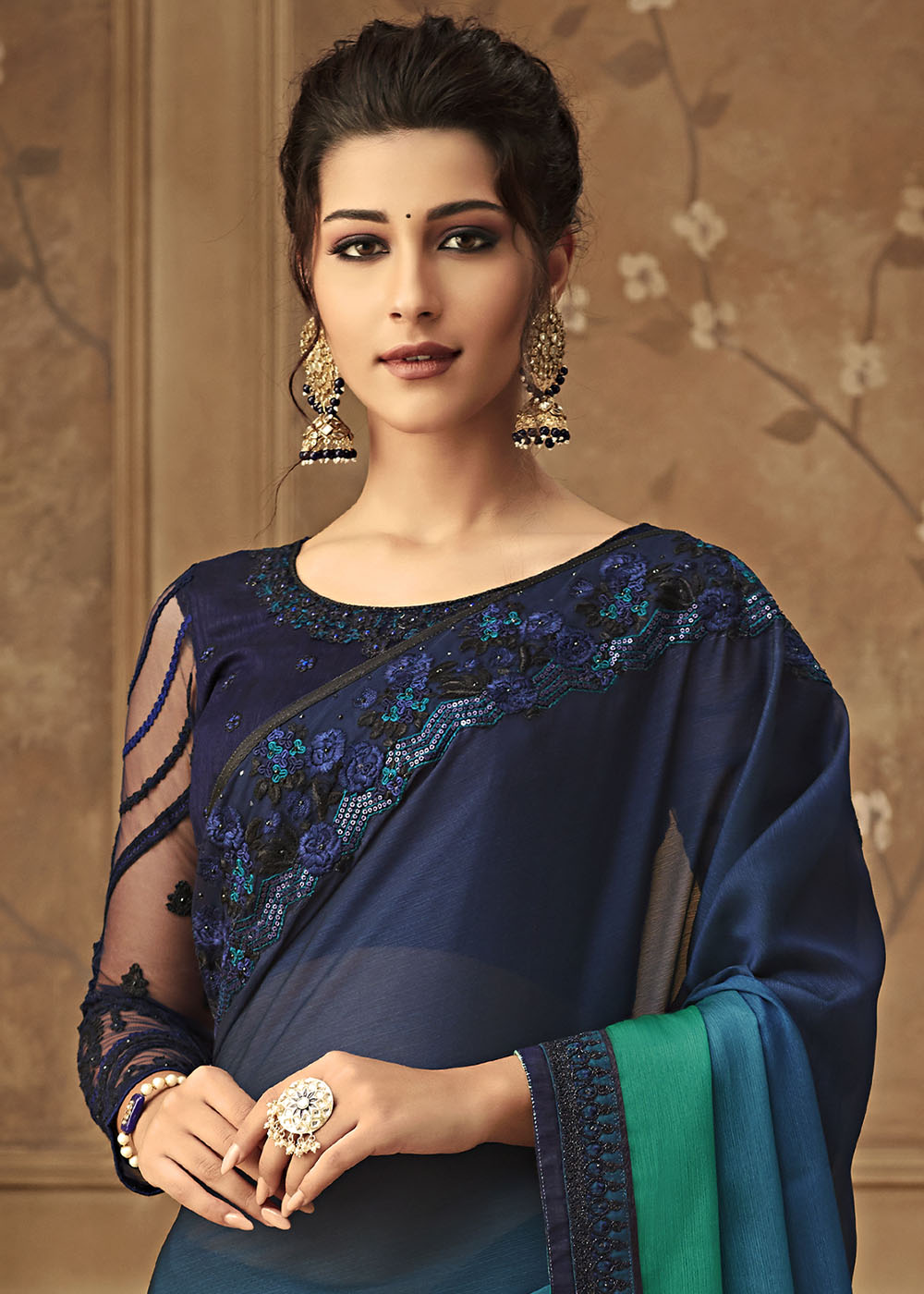 Fiord Blue Embroidered Chiffon Designer Saree