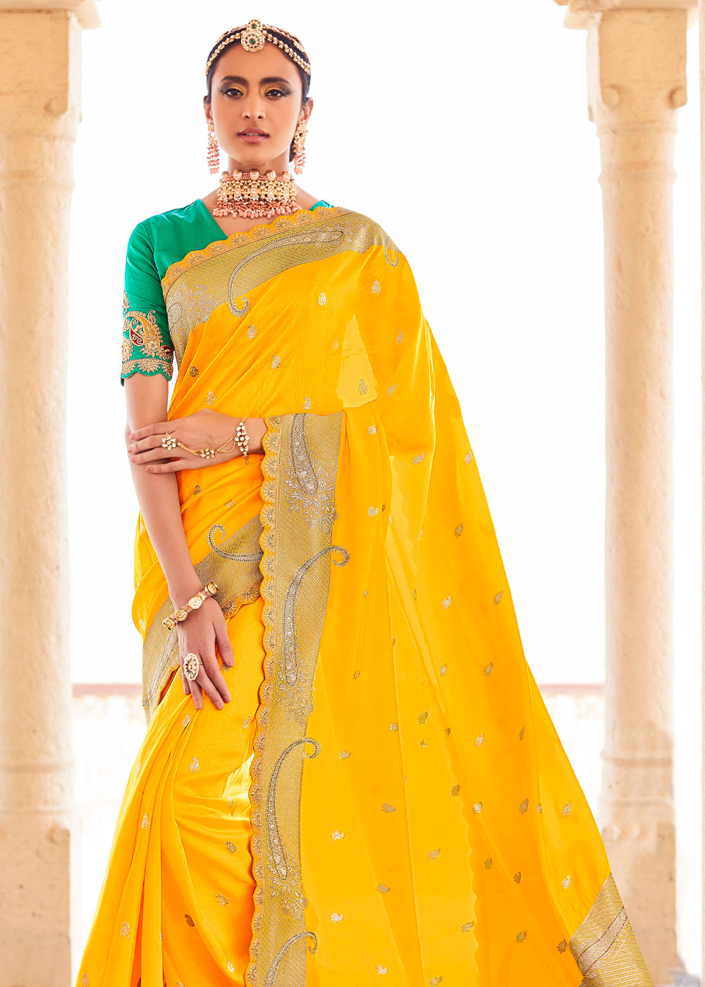 Paris Yellow and Green Zari Woven Designer Banarasi Saree