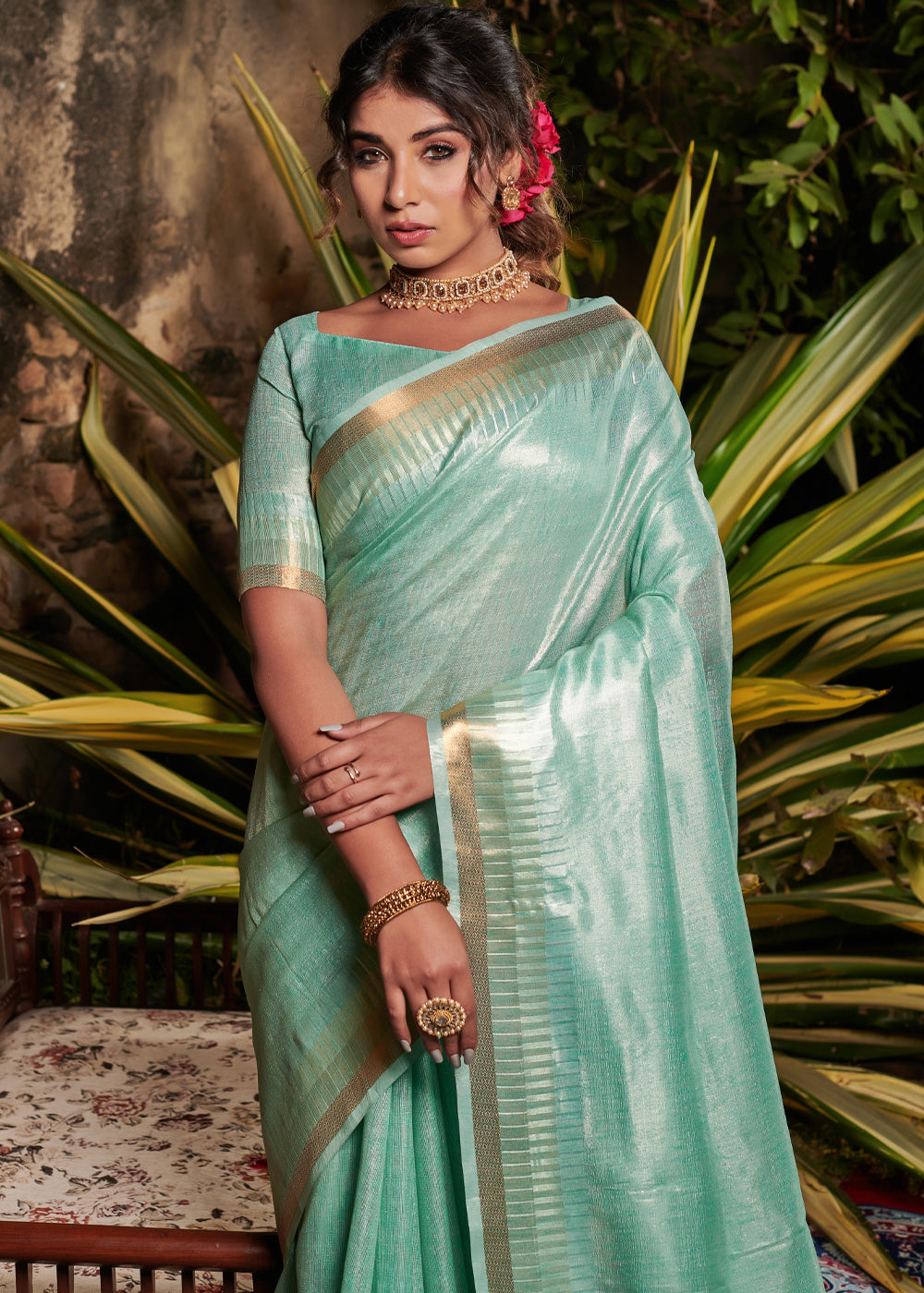 Acapulco Green Woven Tussar Silk Saree