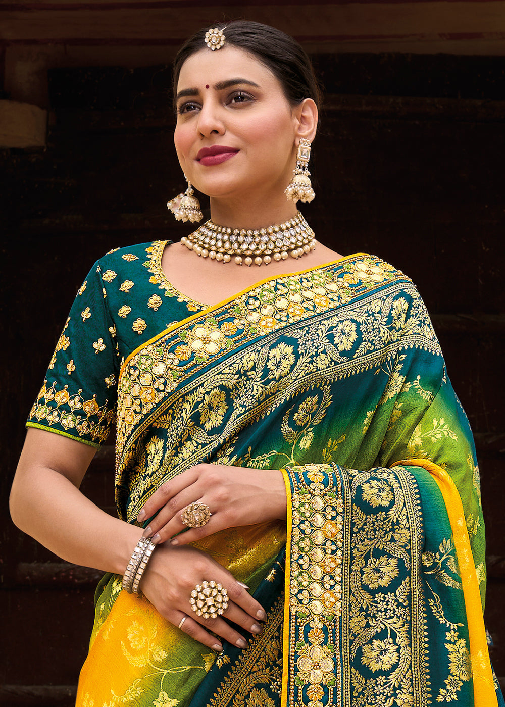 Sun Yellow and Green Embroidered Dola Silk Saree