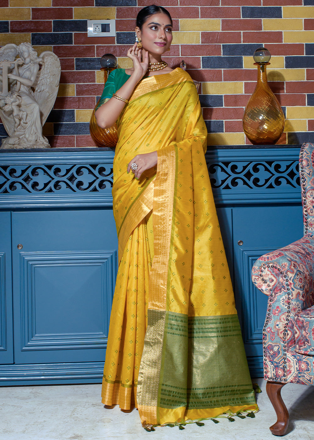 Anzac Yellow Woven Raw Silk Saree