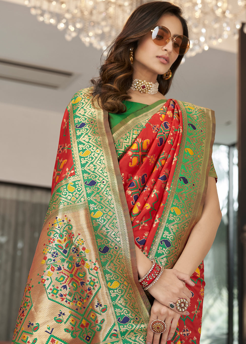 Jasper Red and Green Zari Woven Banarasi Patola Saree