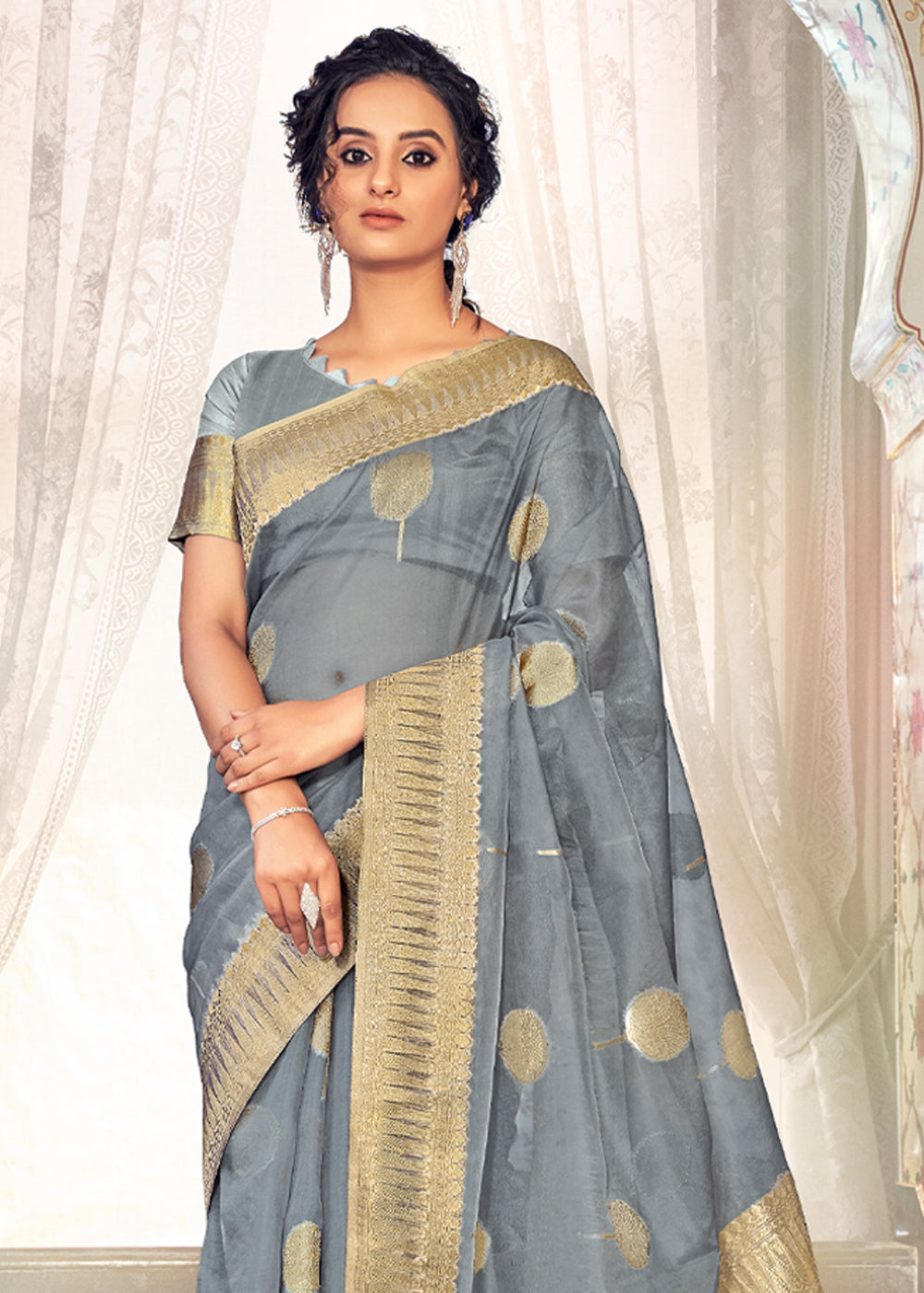 Silver Sand Grey Zari Woven Banarasi Organza Saree