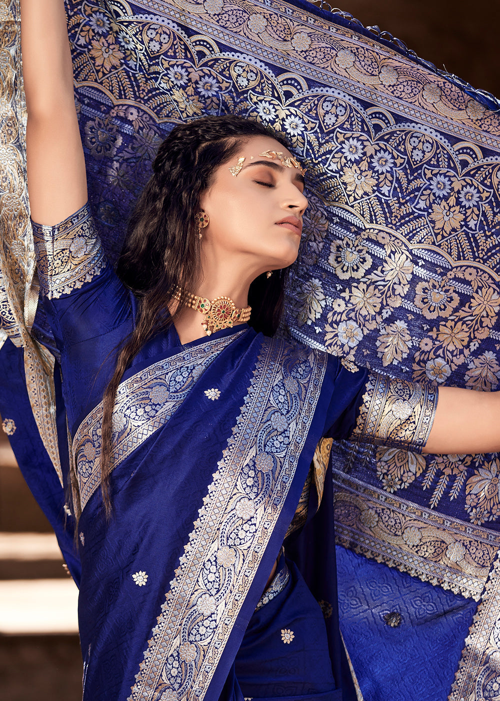 Astronaut Blue Woven Banarasi Satin Silk Saree