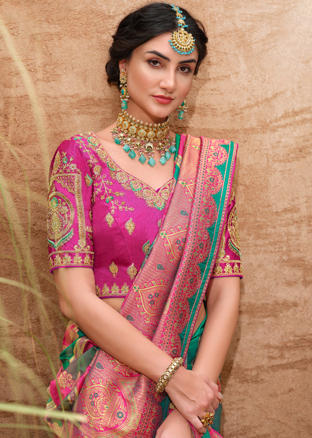 Mandy Pink and Green Woven Designer Banarasi Silk Saree