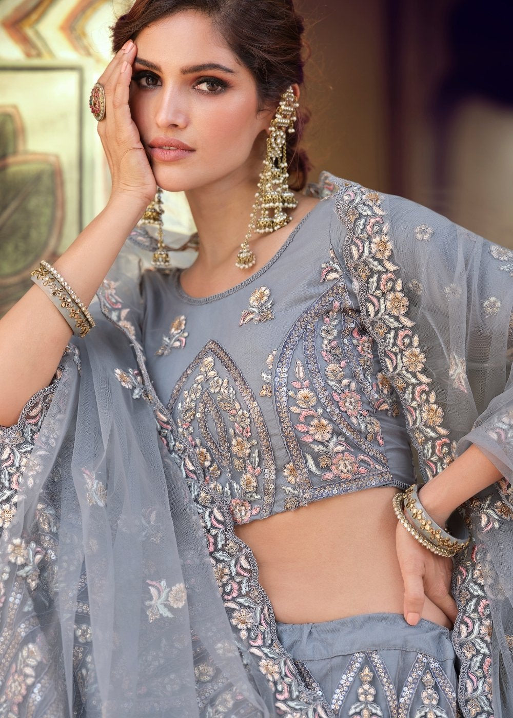 Martini Grey Soft Net Designer Lehenga Choli