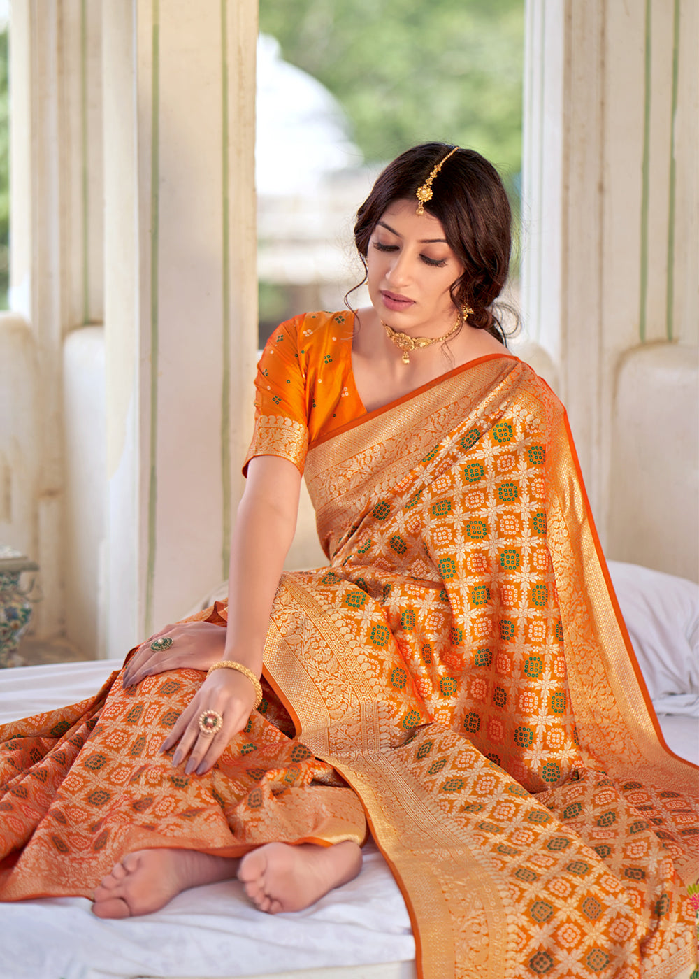 Damask Orange Zari Woven Banarasi Brocade Saree