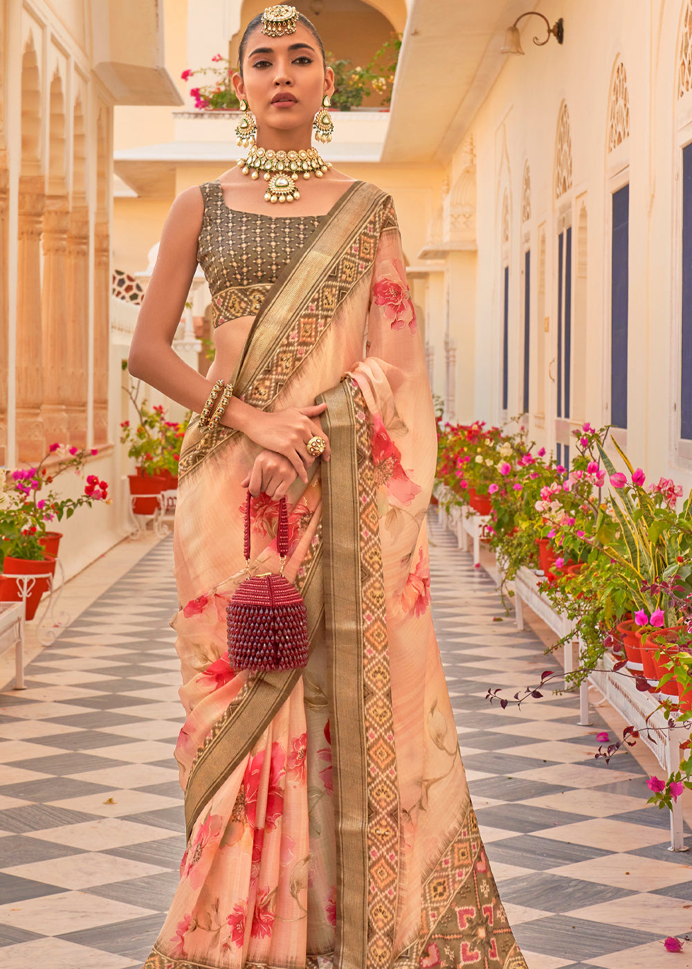 Plum Peach Woven Printed Chiffon Patola Silk Saree