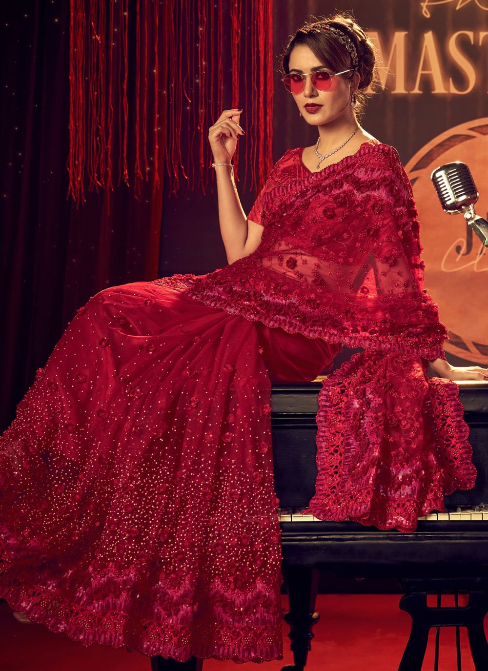 Monarch Red Designer Partywear Saree