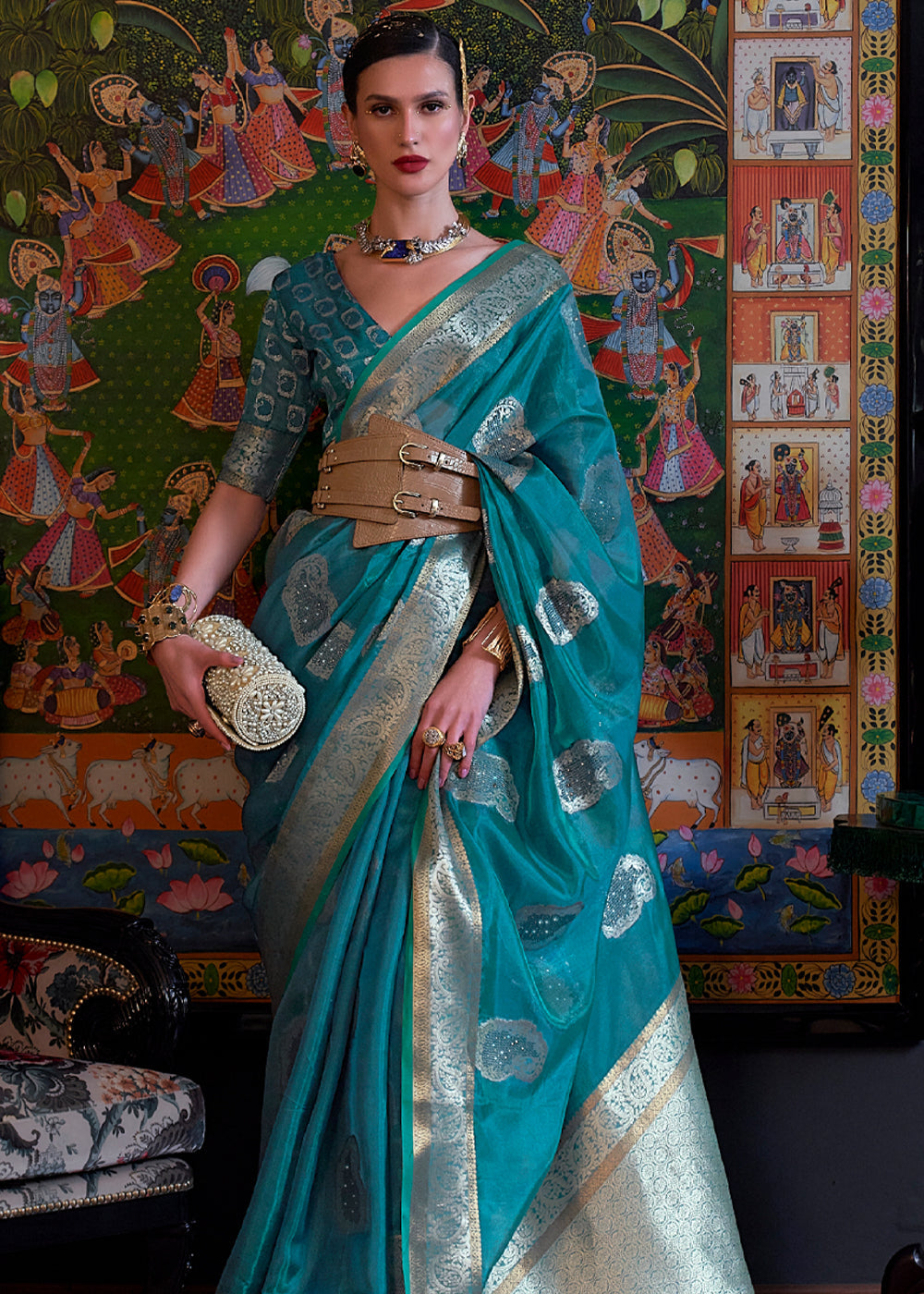 Metallic Seaweed Blue Woven Banarasi Organza Silk Saree