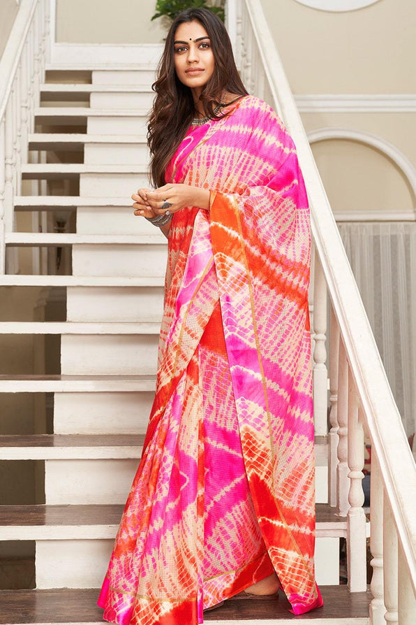 Princess Perfume Pink Cotton Saree with Leheriya Print