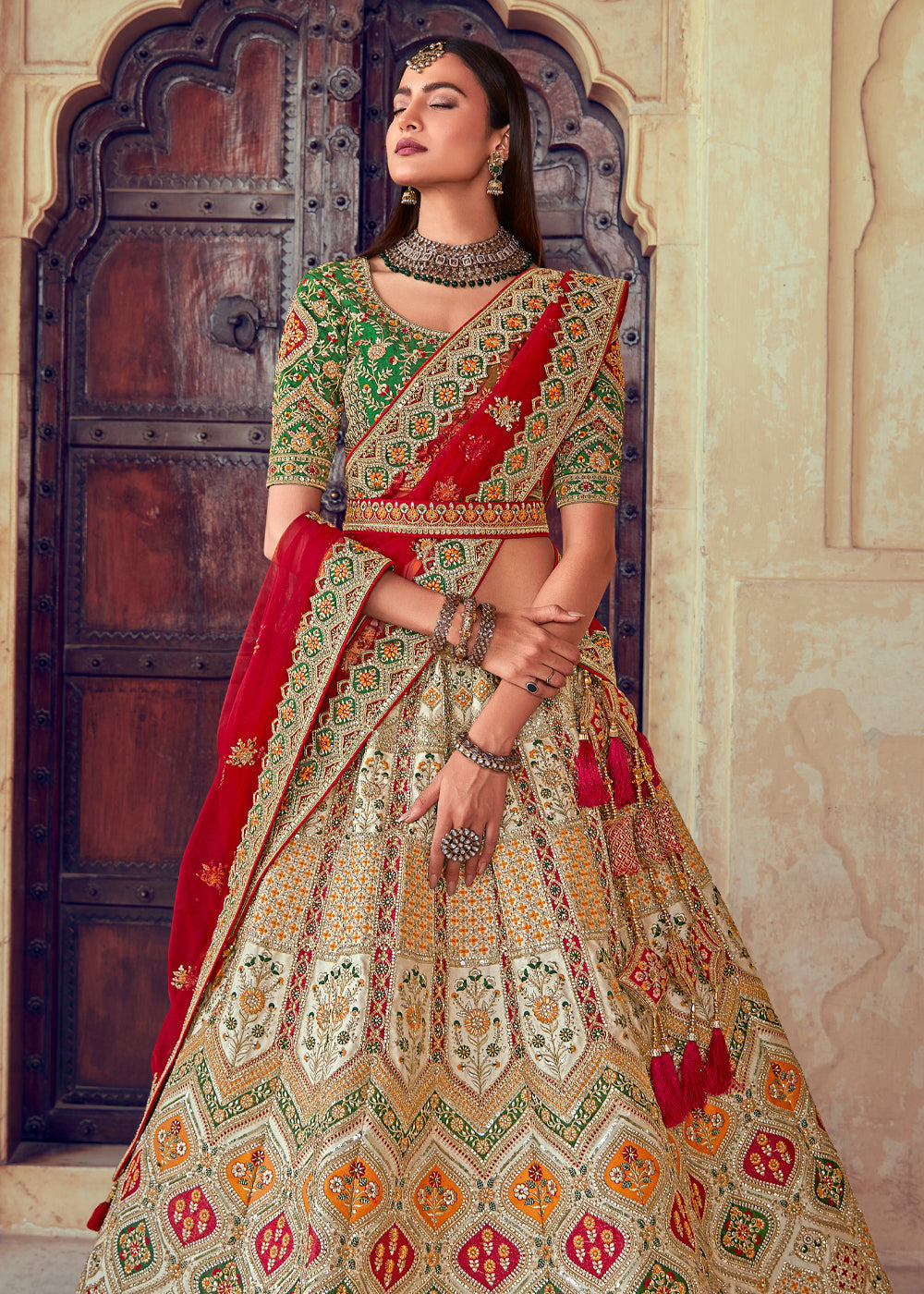 Cognac Red and Green Heavy Embroidered Designer Lehenga